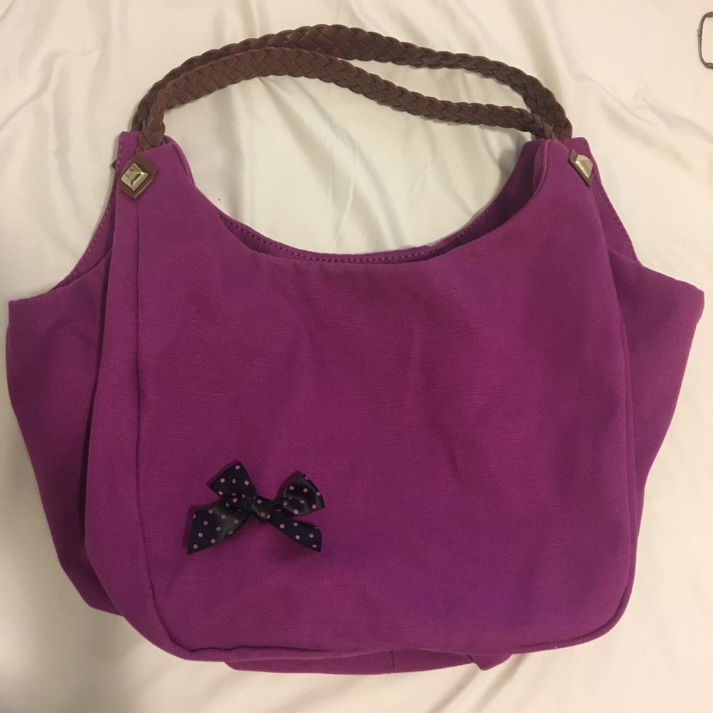 Purple canvas tote with leater handle